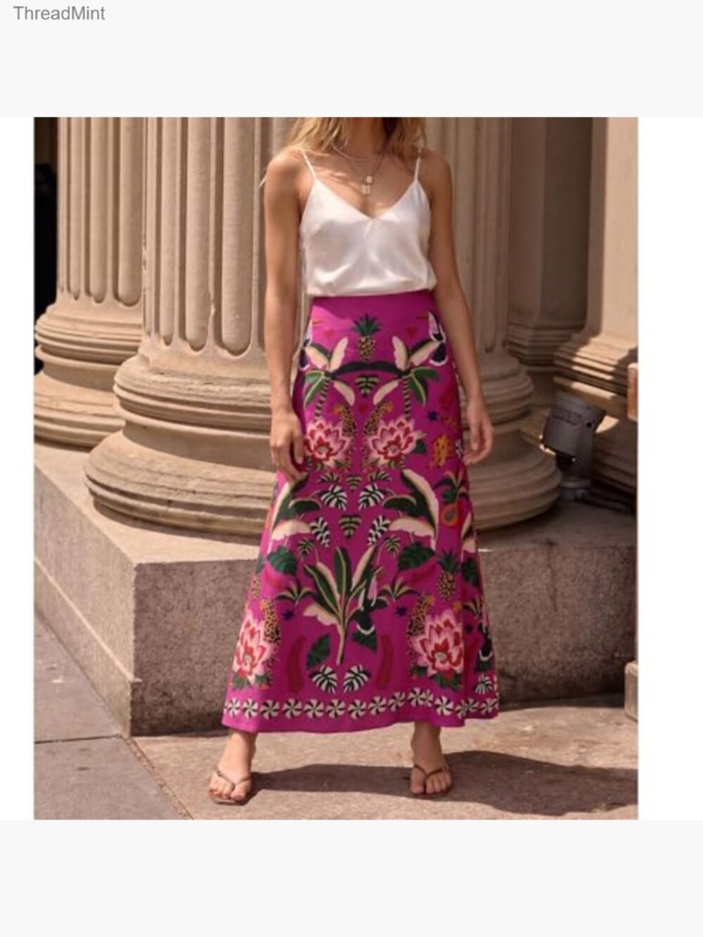 High Waisted A-Line Midi Skirt Tropical Floral Print Satin - Picture 5 of 7